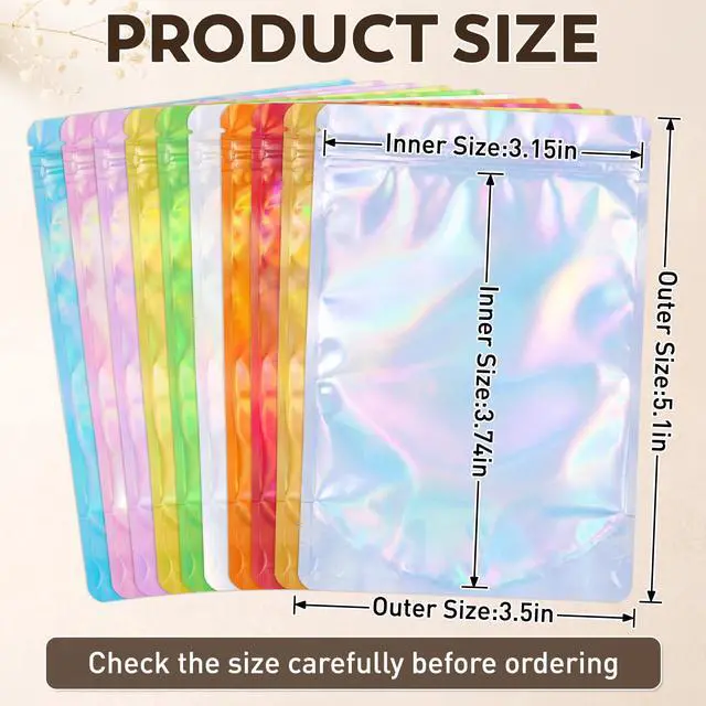 Alt view image 3 of 7 - 100pc Mylar Holographic Bags for Food Storage,Mix Color Standup Bag | 3.5x5.1 Resealable Zipper Pouches,Smell Proof Food Storage Bags for Candy,Coffee,Snack,Cookie,Small Business Packaging