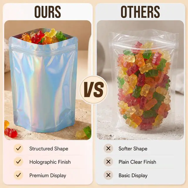 Alt view image 4 of 7 - 100pc Mylar Holographic Bags for Food Storage,Mix Color Standup Bag | 3.5x5.1 Resealable Zipper Pouches,Smell Proof Food Storage Bags for Candy,Coffee,Snack,Cookie,Small Business Packaging