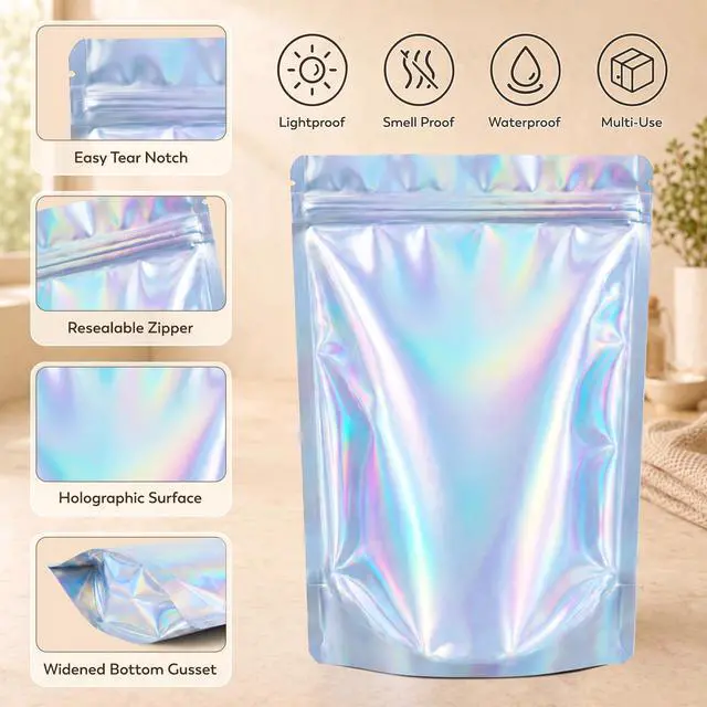 Alt view image 5 of 7 - 100pc Mylar Holographic Bags for Food Storage,Mix Color Standup Bag | 3.5x5.1 Resealable Zipper Pouches,Smell Proof Food Storage Bags for Candy,Coffee,Snack,Cookie,Small Business Packaging