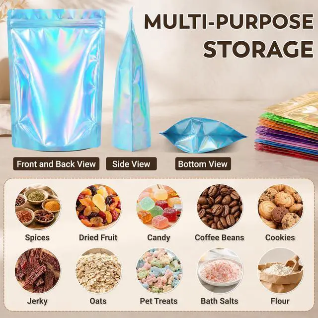 Alt view image 6 of 7 - 100pc Mylar Holographic Bags for Food Storage,Mix Color Standup Bag | 3.5x5.1 Resealable Zipper Pouches,Smell Proof Food Storage Bags for Candy,Coffee,Snack,Cookie,Small Business Packaging