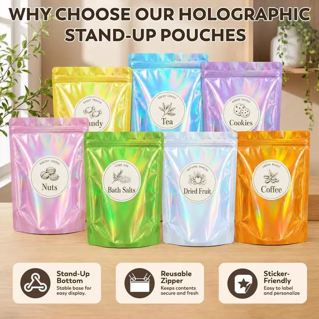 Alt view image 7 of 7 - 100pc Mylar Holographic Bags for Food Storage,Mix Color Standup Bag | 3.5x5.1 Resealable Zipper Pouches,Smell Proof Food Storage Bags for Candy,Coffee,Snack,Cookie,Small Business Packaging