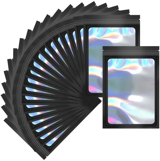 Main image of 100 Pack Mylar Holographic Packaging Bags Resealable Candy Bags with Clear Window Foil Pouch Bag for Lipgloss, Jewelry, Sample Bag for Small Business (Black, 3.1x5.1 Inch)