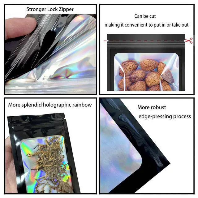 Alt view image 4 of 6 - 100 Pack Mylar Holographic Packaging Bags Resealable Candy Bags with Clear Window Foil Pouch Bag for Lipgloss, Jewelry, Sample Bag for Small Business (Black, 3.1x5.1 Inch)