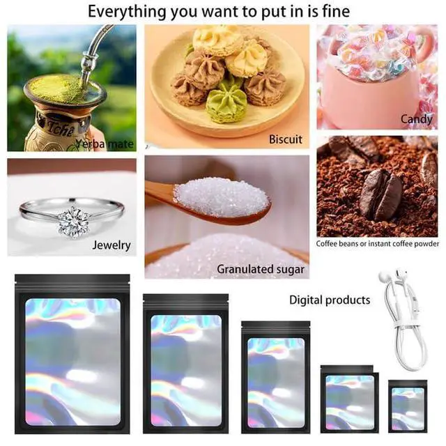 Alt view image 5 of 6 - 100 Pack Mylar Holographic Packaging Bags Resealable Candy Bags with Clear Window Foil Pouch Bag for Lipgloss, Jewelry, Sample Bag for Small Business (Black, 3.1x5.1 Inch)