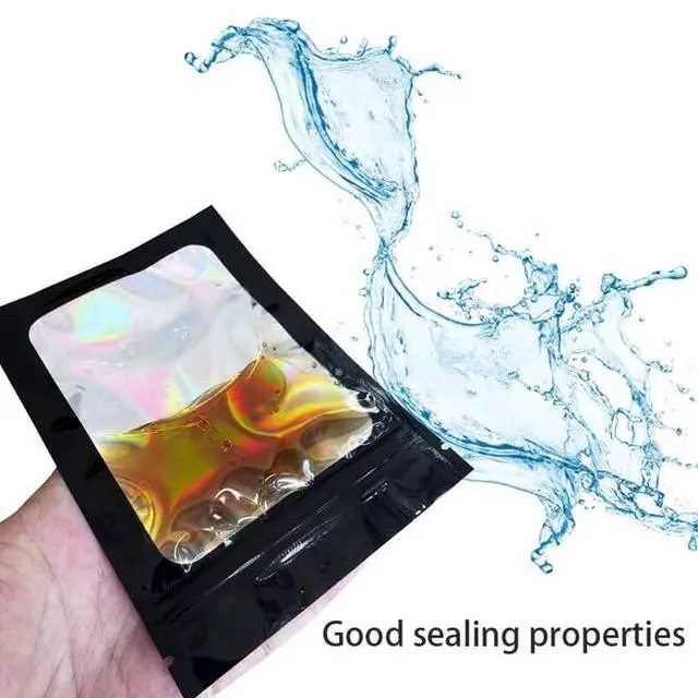 Alt view image 6 of 6 - 100 Pack Mylar Holographic Packaging Bags Resealable Candy Bags with Clear Window Foil Pouch Bag for Lipgloss, Jewelry, Sample Bag for Small Business (Black, 3.1x5.1 Inch)
