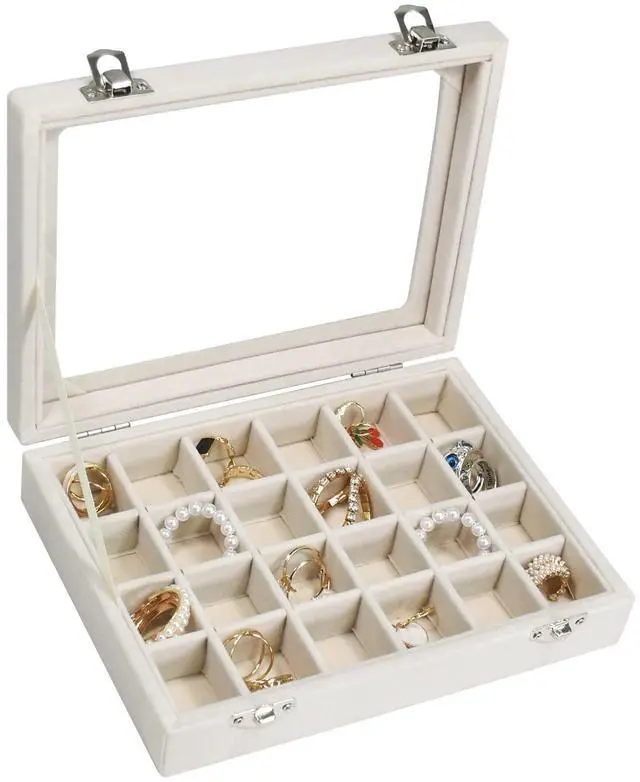 Main image of Velvet Jewelry Box 24 Grid Jewelry Ring Display Organizer Box Tray | Holder Earrings Storage Case for Girls Wife Mom Women (Beige)