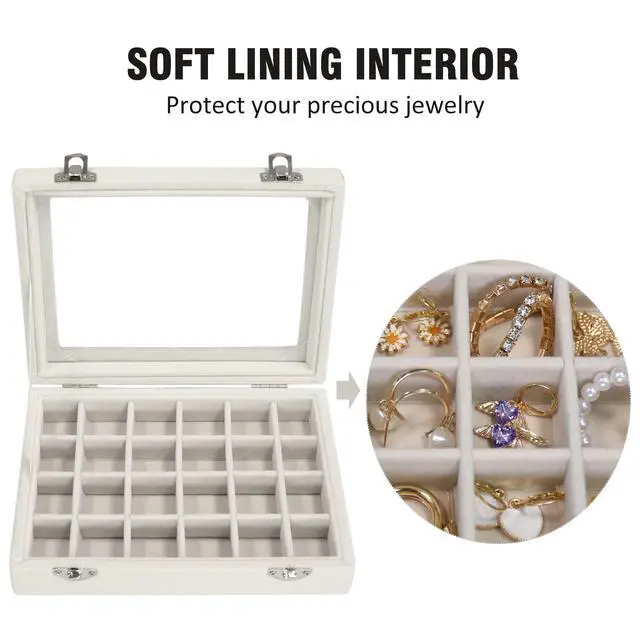 Alt view image 3 of 6 - Velvet Jewelry Box 24 Grid Jewelry Ring Display Organizer Box Tray | Holder Earrings Storage Case for Girls Wife Mom Women (Beige)