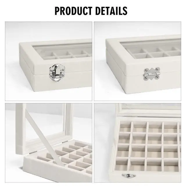 Alt view image 4 of 6 - Velvet Jewelry Box 24 Grid Jewelry Ring Display Organizer Box Tray | Holder Earrings Storage Case for Girls Wife Mom Women (Beige)