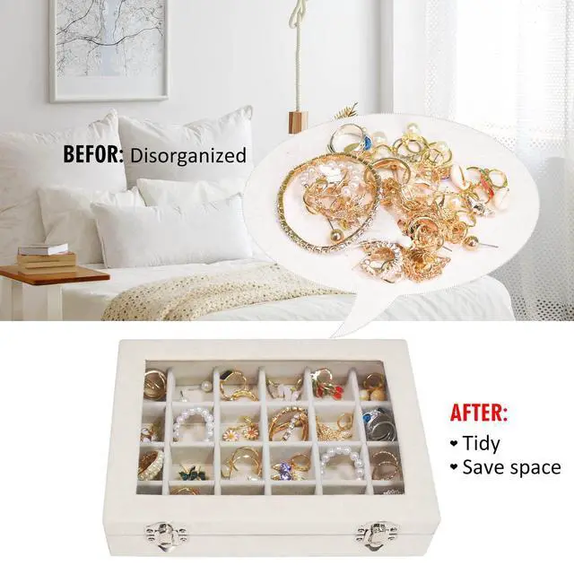 Alt view image 5 of 6 - Velvet Jewelry Box 24 Grid Jewelry Ring Display Organizer Box Tray | Holder Earrings Storage Case for Girls Wife Mom Women (Beige)