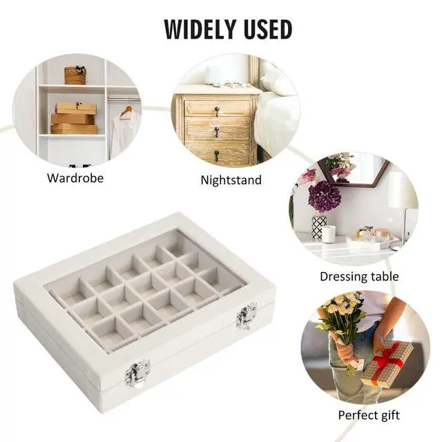 Alt view image 6 of 6 - Velvet Jewelry Box 24 Grid Jewelry Ring Display Organizer Box Tray | Holder Earrings Storage Case for Girls Wife Mom Women (Beige)