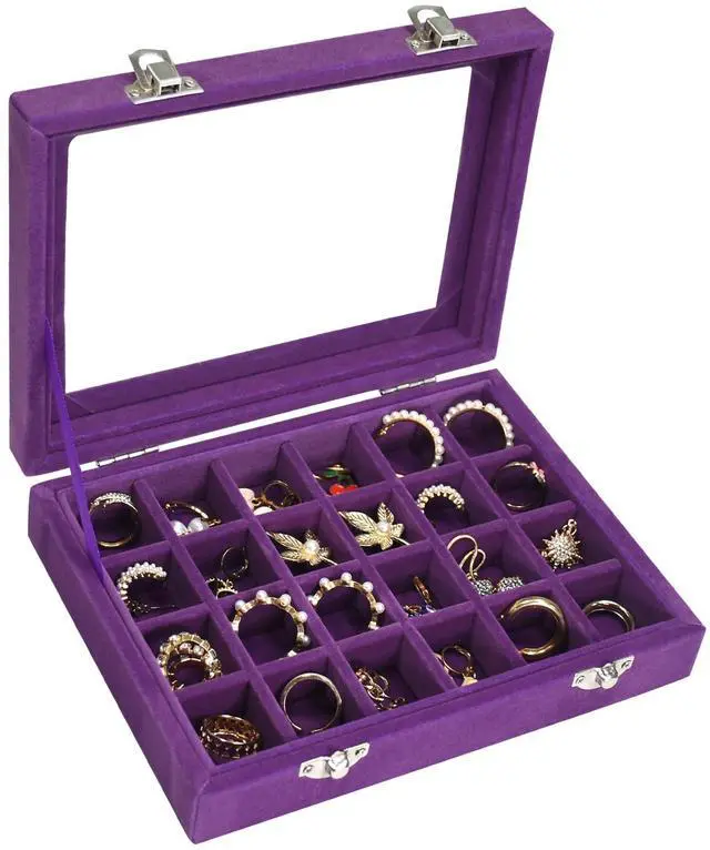 Main image of Velvet Jewelry Box 24 Grid Jewelry Ring Display Organizer Box Tray | Holder Earrings Storage Case for Girls Wife Mom Women (Purple)