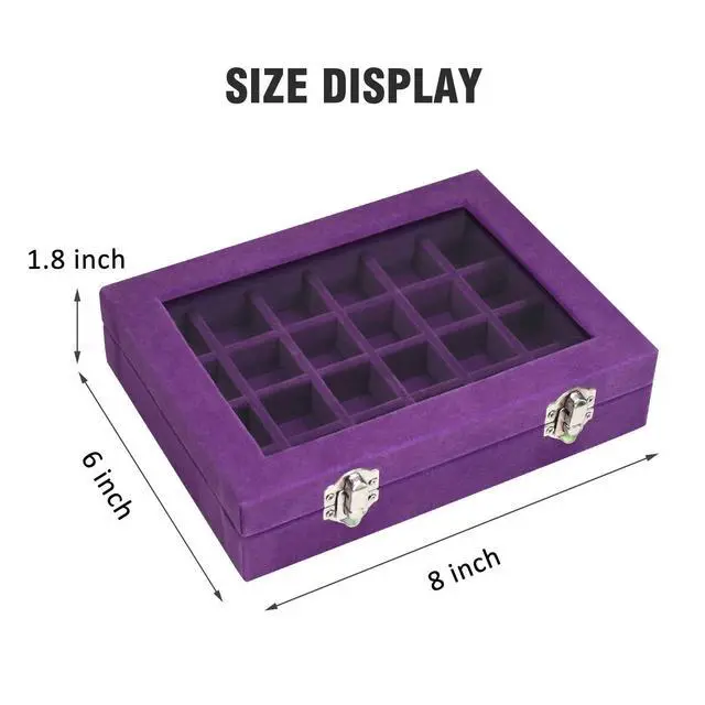 Alt view image 2 of 6 - Velvet Jewelry Box 24 Grid Jewelry Ring Display Organizer Box Tray | Holder Earrings Storage Case for Girls Wife Mom Women (Purple)