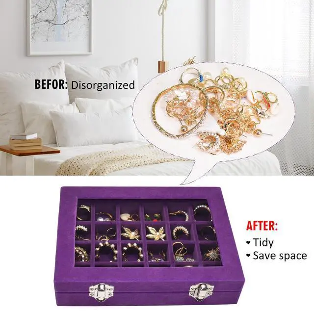 Alt view image 5 of 6 - Velvet Jewelry Box 24 Grid Jewelry Ring Display Organizer Box Tray | Holder Earrings Storage Case for Girls Wife Mom Women (Purple)