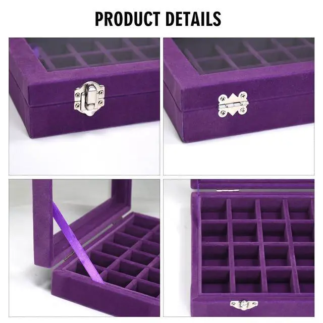 Alt view image 4 of 6 - Velvet Jewelry Box 24 Grid Jewelry Ring Display Organizer Box Tray | Holder Earrings Storage Case for Girls Wife Mom Women (Purple)