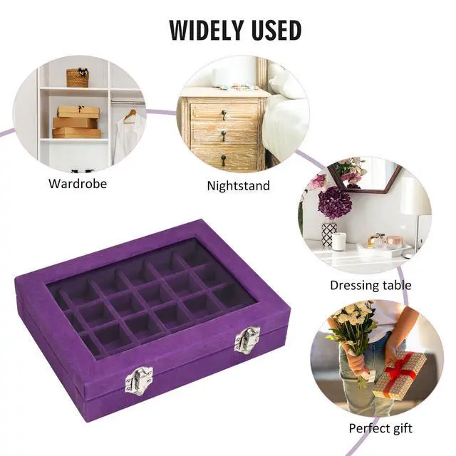 Alt view image 6 of 6 - Velvet Jewelry Box 24 Grid Jewelry Ring Display Organizer Box Tray | Holder Earrings Storage Case for Girls Wife Mom Women (Purple)