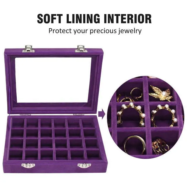 Alt view image 3 of 6 - Velvet Jewelry Box 24 Grid Jewelry Ring Display Organizer Box Tray | Holder Earrings Storage Case for Girls Wife Mom Women (Purple)