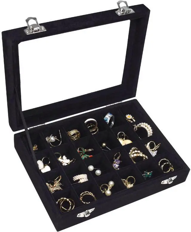 Main image of Velvet Jewelry Box 24 Grid Jewelry Ring Display Organiser Box Tray Holder Earrings Storage Case for Girls Wife Mom Women (Black)