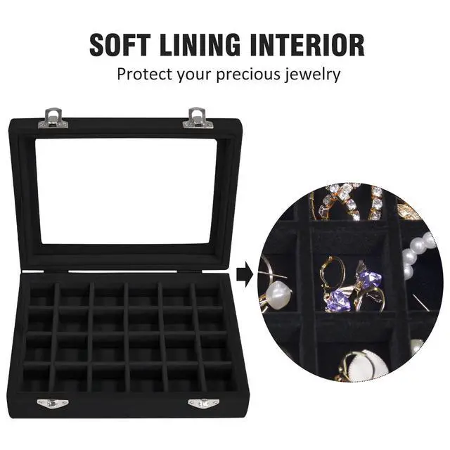 Alt view image 3 of 6 - Velvet Jewelry Box 24 Grid Jewelry Ring Display Organiser Box Tray Holder Earrings Storage Case for Girls Wife Mom Women (Black)