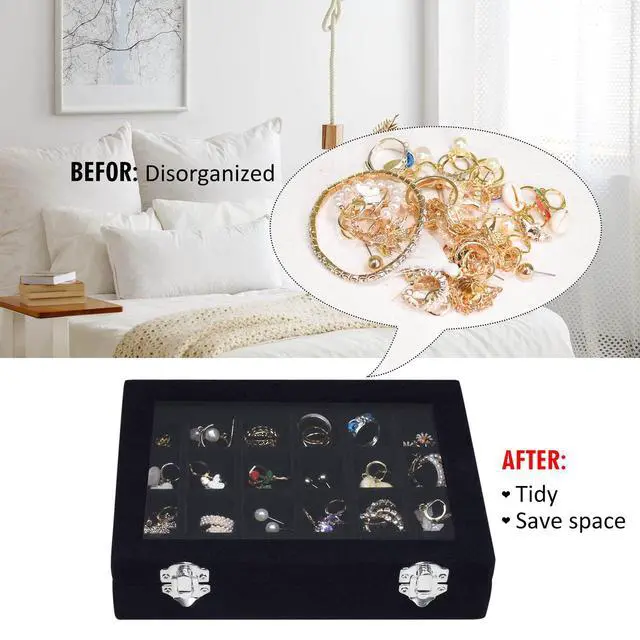 Alt view image 5 of 6 - Velvet Jewelry Box 24 Grid Jewelry Ring Display Organiser Box Tray Holder Earrings Storage Case for Girls Wife Mom Women (Black)