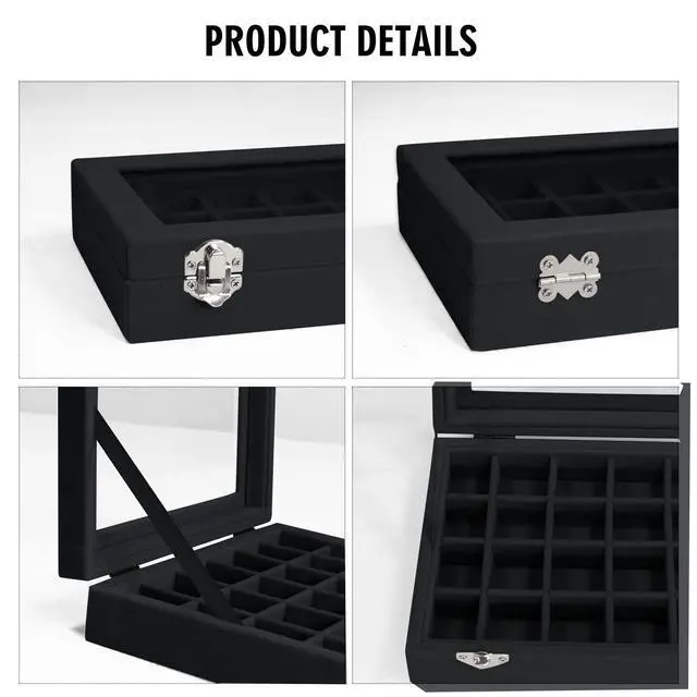 Alt view image 4 of 6 - Velvet Jewelry Box 24 Grid Jewelry Ring Display Organiser Box Tray Holder Earrings Storage Case for Girls Wife Mom Women (Black)