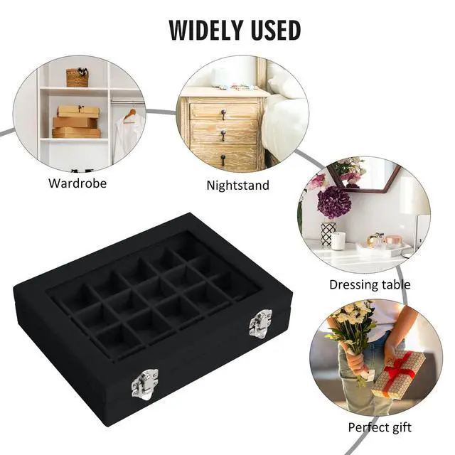 Alt view image 6 of 6 - Velvet Jewelry Box 24 Grid Jewelry Ring Display Organiser Box Tray Holder Earrings Storage Case for Girls Wife Mom Women (Black)