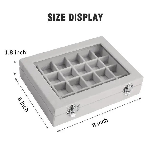 Alt view image 2 of 6 - Velvet Jewelry Box 24 Grid Jewelry Ring Display Organiser Box Tray Holder Earrings Storage Case for Girls Wife Mom Women (Gray)