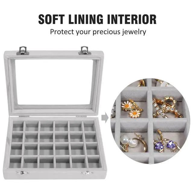 Alt view image 3 of 6 - Velvet Jewelry Box 24 Grid Jewelry Ring Display Organiser Box Tray Holder Earrings Storage Case for Girls Wife Mom Women (Gray)