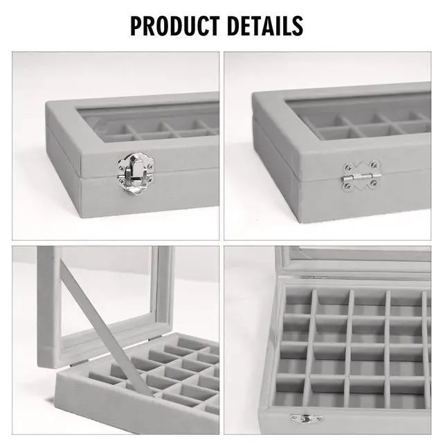 Alt view image 4 of 6 - Velvet Jewelry Box 24 Grid Jewelry Ring Display Organiser Box Tray Holder Earrings Storage Case for Girls Wife Mom Women (Gray)