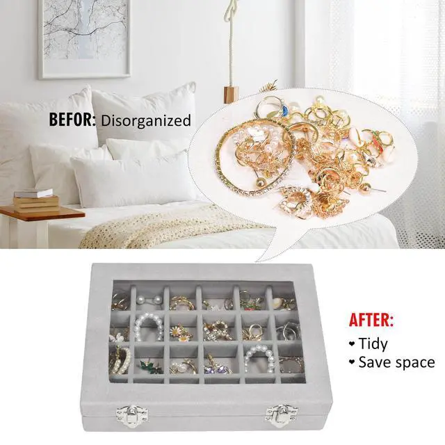 Alt view image 5 of 6 - Velvet Jewelry Box 24 Grid Jewelry Ring Display Organiser Box Tray Holder Earrings Storage Case for Girls Wife Mom Women (Gray)