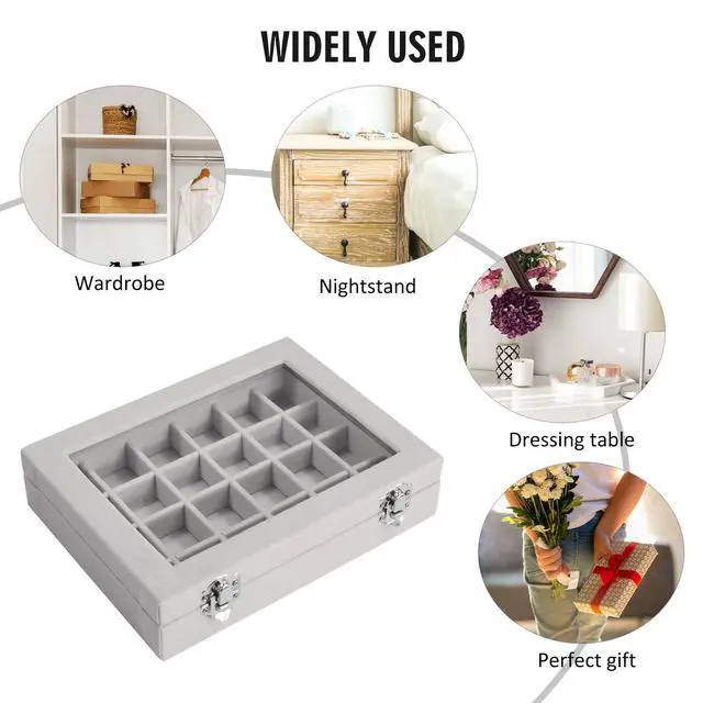 Alt view image 6 of 6 - Velvet Jewelry Box 24 Grid Jewelry Ring Display Organiser Box Tray Holder Earrings Storage Case for Girls Wife Mom Women (Gray)