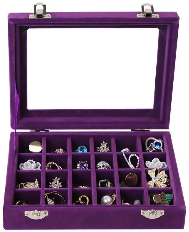 Main image of Velvet Jewelry Box 24 Grid Jewelry Earrings Display Organiser Box Ring Tray Holder Earrings Storage Case for Girls Women Wife Mom (Purple)