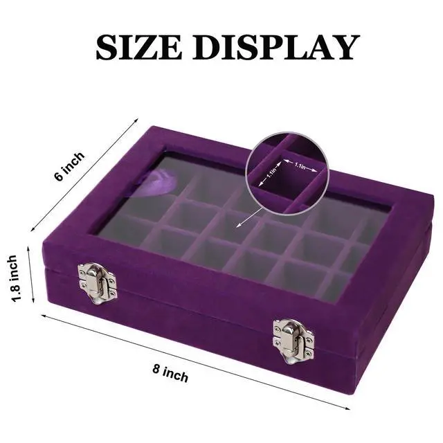 Alt view image 2 of 7 - Velvet Jewelry Box 24 Grid Jewelry Earrings Display Organiser Box Ring Tray Holder Earrings Storage Case for Girls Women Wife Mom (Purple)