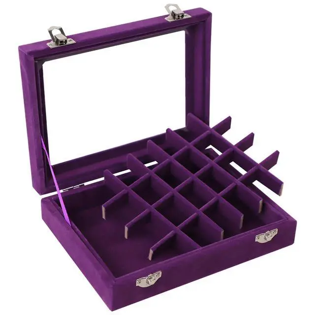 Alt view image 4 of 7 - Velvet Jewelry Box 24 Grid Jewelry Earrings Display Organiser Box Ring Tray Holder Earrings Storage Case for Girls Women Wife Mom (Purple)