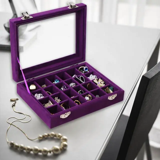 Alt view image 3 of 7 - Velvet Jewelry Box 24 Grid Jewelry Earrings Display Organiser Box Ring Tray Holder Earrings Storage Case for Girls Women Wife Mom (Purple)