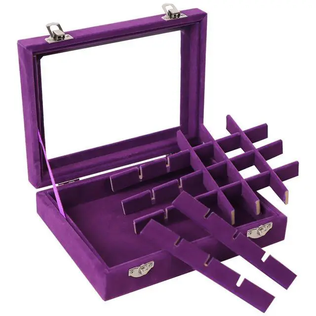 Alt view image 5 of 7 - Velvet Jewelry Box 24 Grid Jewelry Earrings Display Organiser Box Ring Tray Holder Earrings Storage Case for Girls Women Wife Mom (Purple)