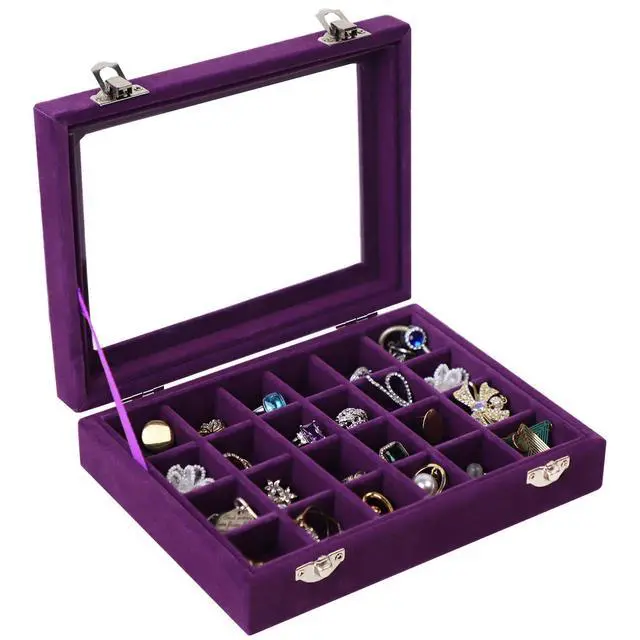 Alt view image 6 of 7 - Velvet Jewelry Box 24 Grid Jewelry Earrings Display Organiser Box Ring Tray Holder Earrings Storage Case for Girls Women Wife Mom (Purple)