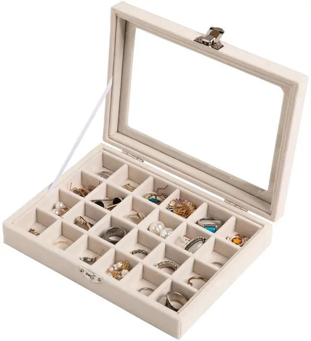Main image of 24 Grid Earring Organizer,Small Velvet Jewelry Tray with Lid | Portable Jewelry Box for Rings Stud,Velvet Lining for Protecting Jewelry,Adjustable Dividers,Glass Lid for Clear Review
