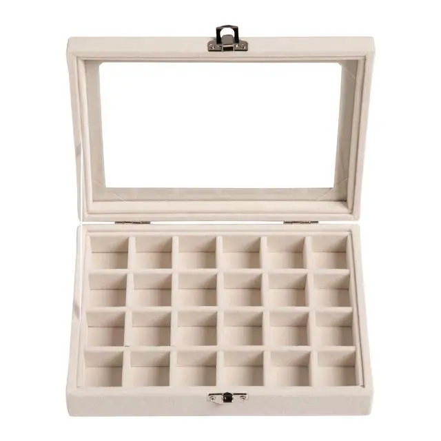 Alt view image 2 of 7 - 24 Grid Earring Organizer,Small Velvet Jewelry Tray with Lid | Portable Jewelry Box for Rings Stud,Velvet Lining for Protecting Jewelry,Adjustable Dividers,Glass Lid for Clear Review