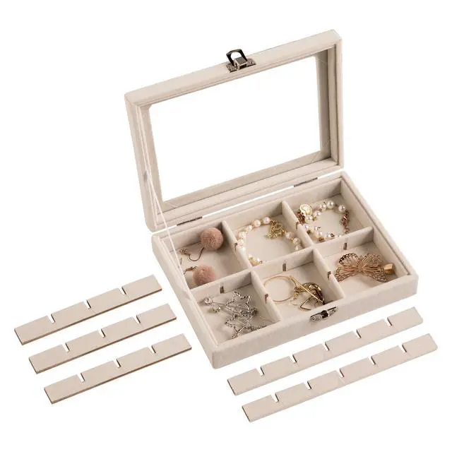 Alt view image 5 of 7 - 24 Grid Earring Organizer,Small Velvet Jewelry Tray with Lid | Portable Jewelry Box for Rings Stud,Velvet Lining for Protecting Jewelry,Adjustable Dividers,Glass Lid for Clear Review