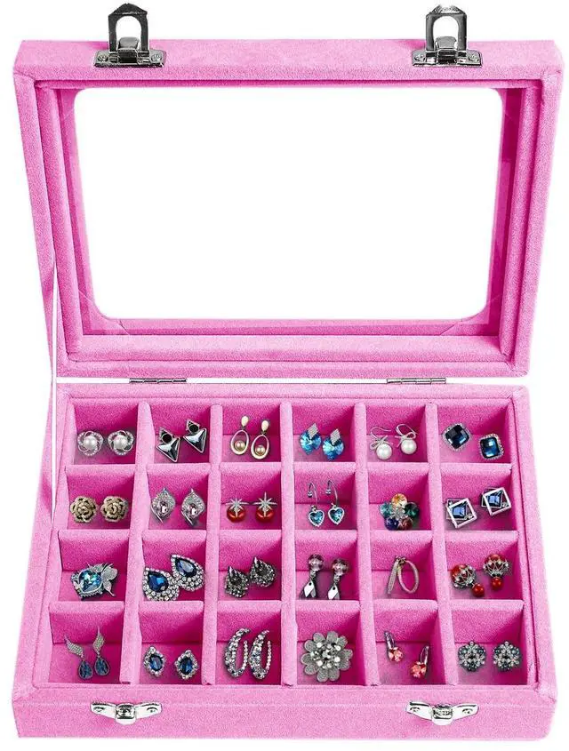 Main image of Velvet Jewelry Box 24 Grid Jewelry Earrings Display Organiser Box Ring Tray Holder Earrings Storage Case for Girls Wife Mom Women (Light Pink)