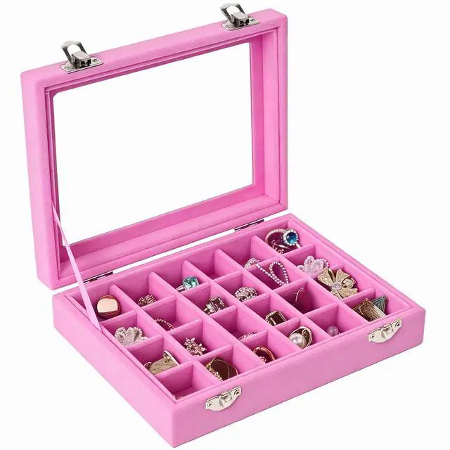 Alt view image 3 of 7 - Velvet Jewelry Box 24 Grid Jewelry Earrings Display Organiser Box Ring Tray Holder Earrings Storage Case for Girls Wife Mom Women (Light Pink)