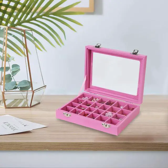 Alt view image 7 of 7 - Velvet Jewelry Box 24 Grid Jewelry Earrings Display Organiser Box Ring Tray Holder Earrings Storage Case for Girls Wife Mom Women (Light Pink)