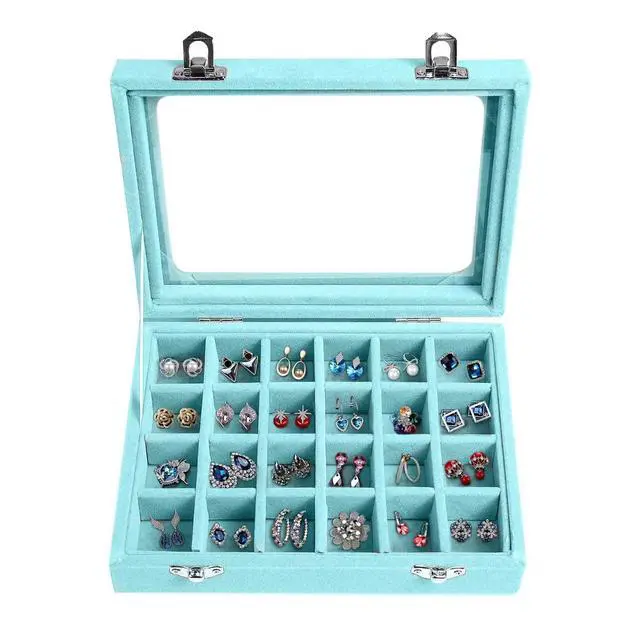 Main image of Velvet Jewelry Box 24 Grid Jewelry Earrings Display Organiser Box Ring Tray Holder Earrings Storage Case for Girls Women Wife Mom (Light blue)