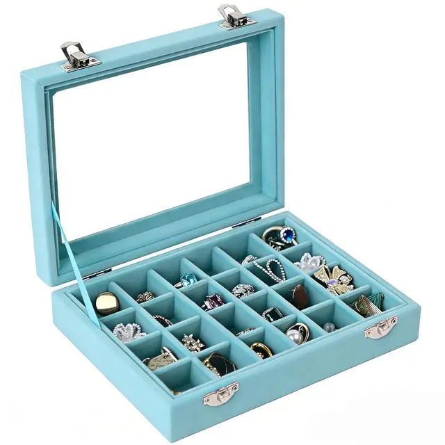 Alt view image 3 of 7 - Velvet Jewelry Box 24 Grid Jewelry Earrings Display Organiser Box Ring Tray Holder Earrings Storage Case for Girls Women Wife Mom (Light blue)
