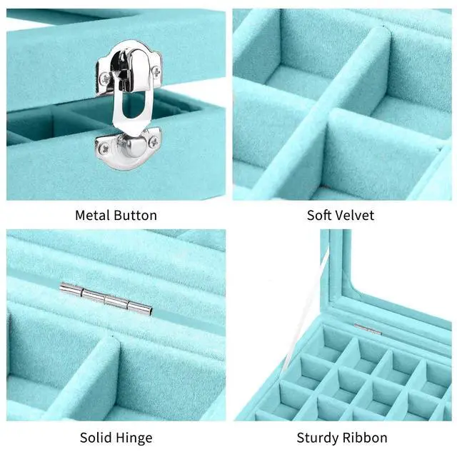 Alt view image 4 of 7 - Velvet Jewelry Box 24 Grid Jewelry Earrings Display Organiser Box Ring Tray Holder Earrings Storage Case for Girls Women Wife Mom (Light blue)