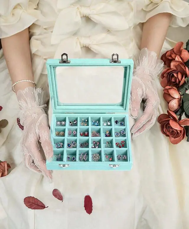Alt view image 5 of 7 - Velvet Jewelry Box 24 Grid Jewelry Earrings Display Organiser Box Ring Tray Holder Earrings Storage Case for Girls Women Wife Mom (Light blue)