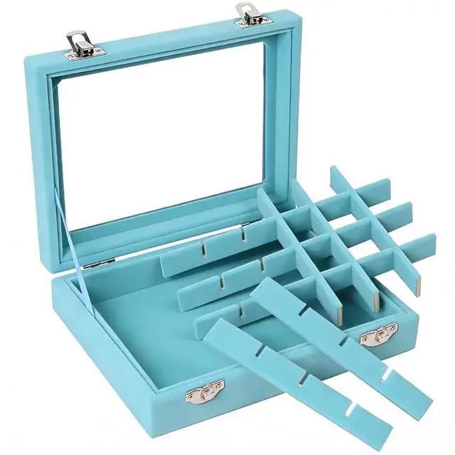 Alt view image 6 of 7 - Velvet Jewelry Box 24 Grid Jewelry Earrings Display Organiser Box Ring Tray Holder Earrings Storage Case for Girls Women Wife Mom (Light blue)