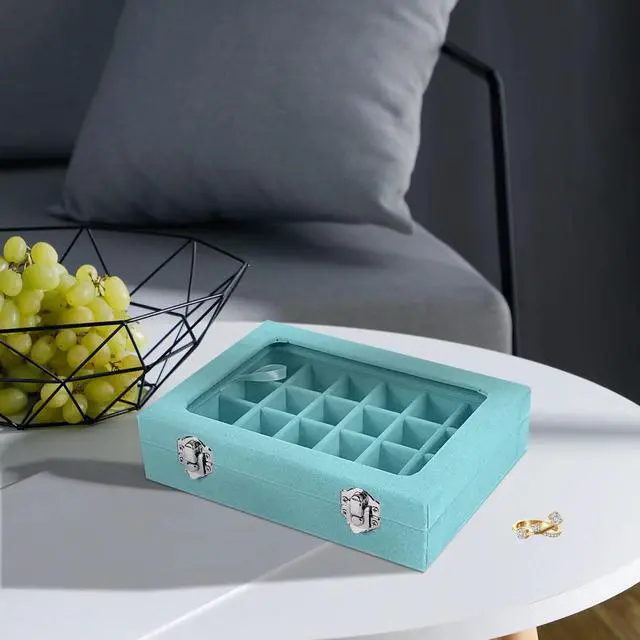 Alt view image 7 of 7 - Velvet Jewelry Box 24 Grid Jewelry Earrings Display Organiser Box Ring Tray Holder Earrings Storage Case for Girls Women Wife Mom (Light blue)