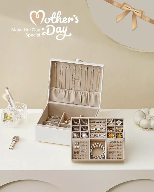 Alt view image 2 of 7 - 2-Layer Jewelry Box with Handle, Removable Tray, Floating Effect | Jewelry Organizer, 8.1 x 9.4 x 4.3 Inches, Gift for Loved Ones, Cream White and Tan, GREETA Collection UJBC165W01