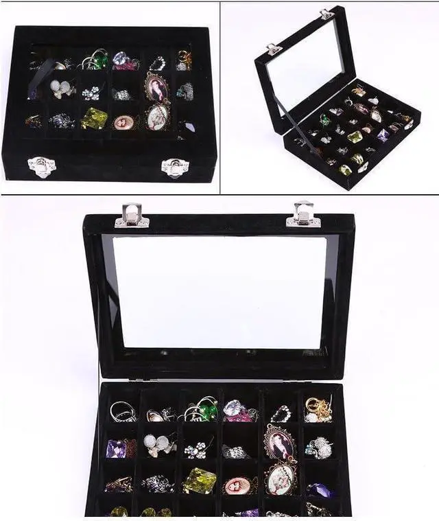 Alt view image 4 of 7 - Velvet Jewelry Box 24 Grid Jewelry Earrings Display Organiser Box Ring Tray Holder Earrings Storage Case for Girls Women Wife Mom (Black)